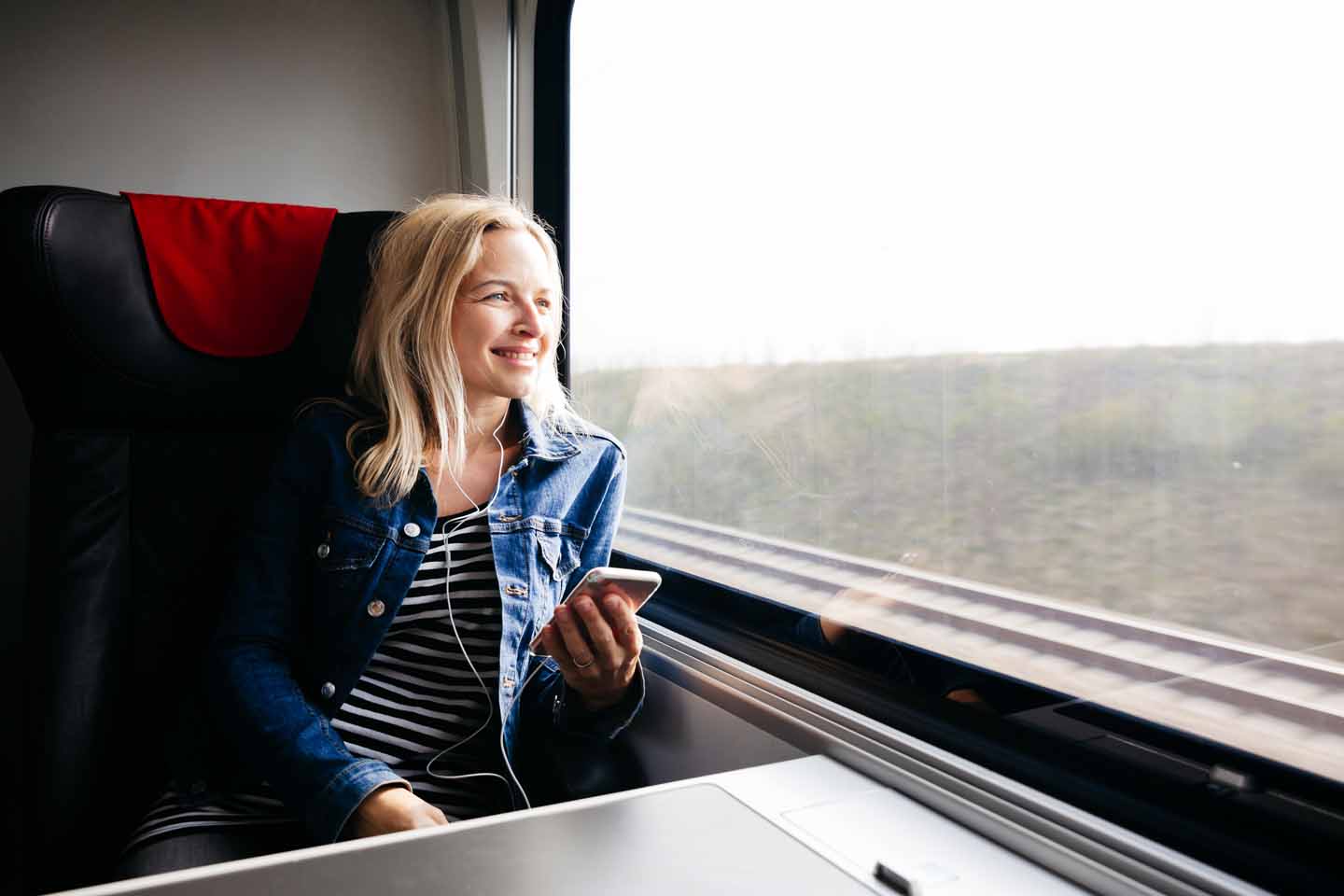 Glückliche blonde Frau sitzt im Zug und schaut aus dem Fenster. 