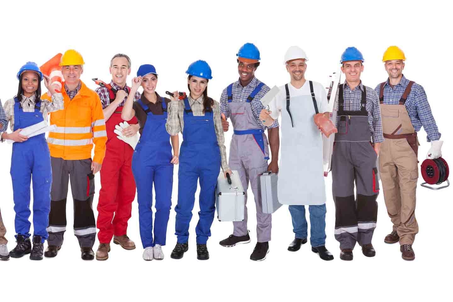 Eine Gruppe verschiedener Handwerker in Arbeitskleidung.