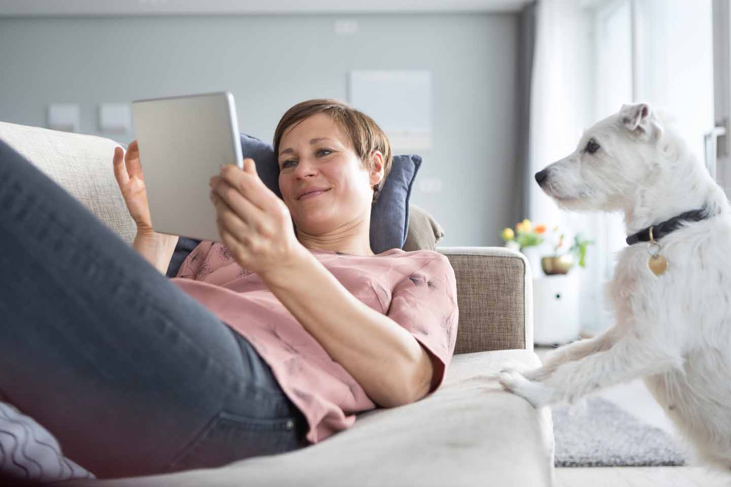 Eine Frau liegt auf dem Sofa und schaut in ihr Tablet. Ihr Hund schaut ebenfalls mit rein.