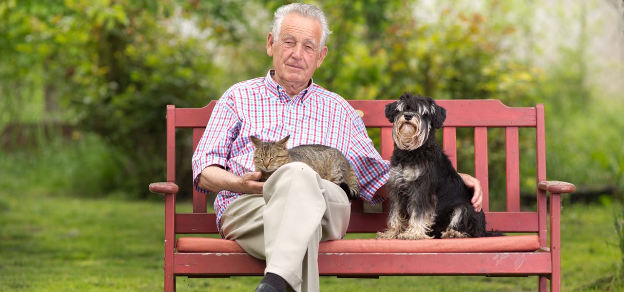 Ein älterer Mann sitzt mit einem Hund und einer Katze auf einer roten Bank. Er streichelt beide.