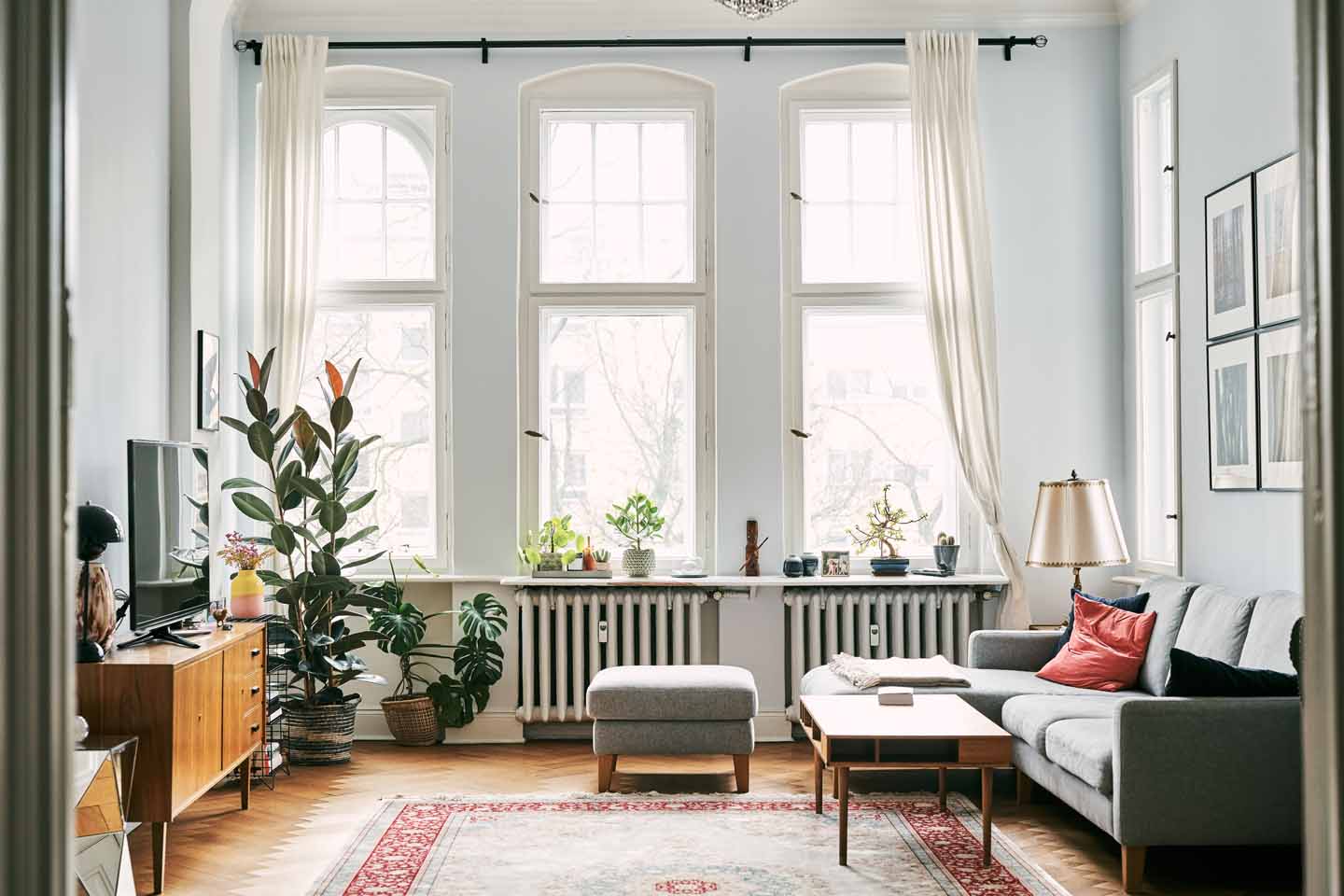 Eine perfekt eingeräumte Wohnung mit Sofa, Stehlampe, Fernseher und Grünpflanzen.
