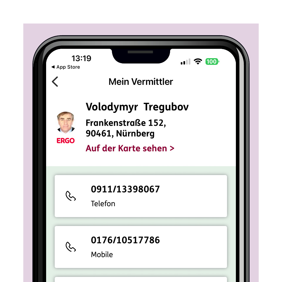 Screenshot, der die Funktionen der ERGO App zeigt, hier Berater finden.