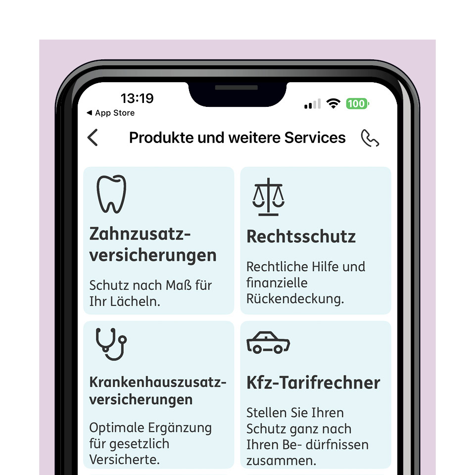 Screenshot, der die Funktionen der ERGO App zeigt, hier Produkte und Services.