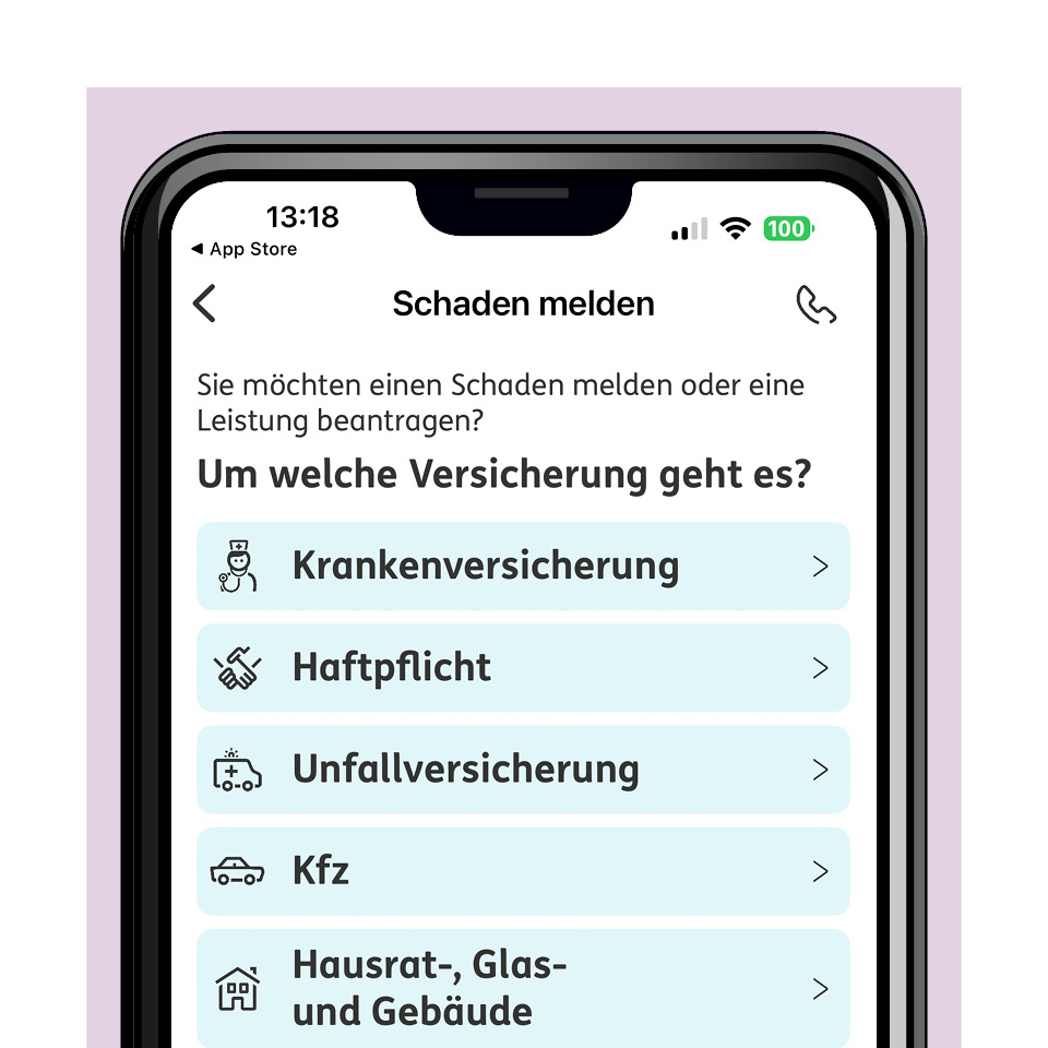 Screenshot, der die Funktionen der ERGO App zeigt, hier Schaden melden.