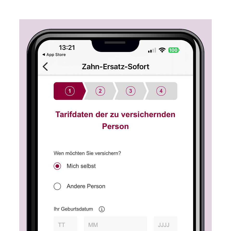 Screenshot, der die Funktionen der ERGO App zeigt, hier Tarifrechner.