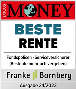 Testsiegel: ERGO erhält die Auszeichnung beste Rente von Focus Money und der Ratingagentur Franke und Bornberg. 
