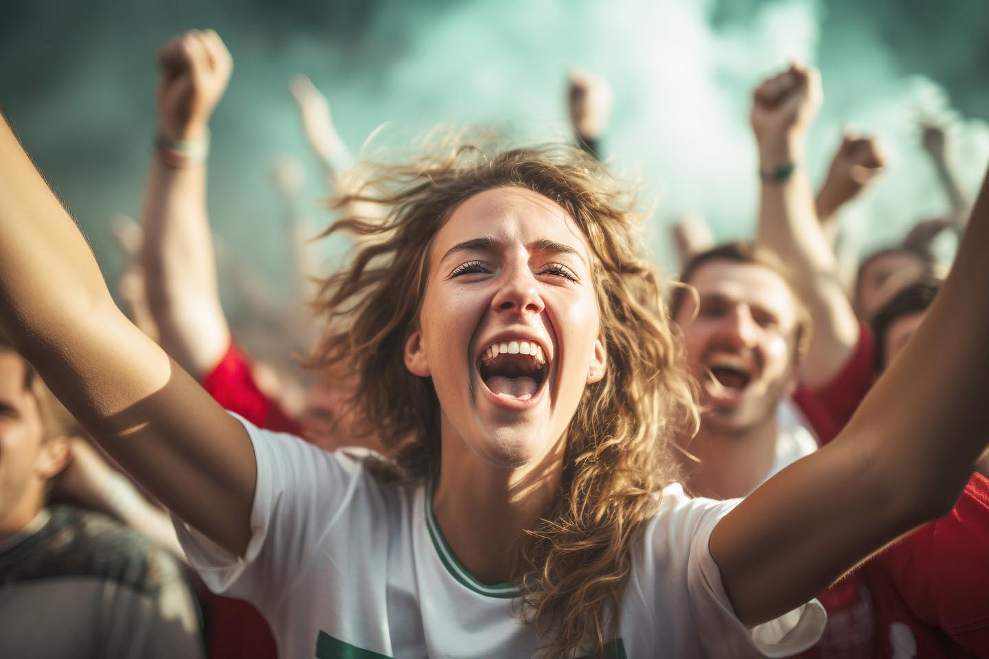 Weibliche Fans feiern bei Fußballturnier im Stadion.